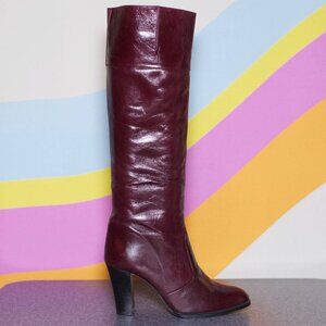 Vintage, burgandy/wine leather, high-heeled boots.-Gorgeous!